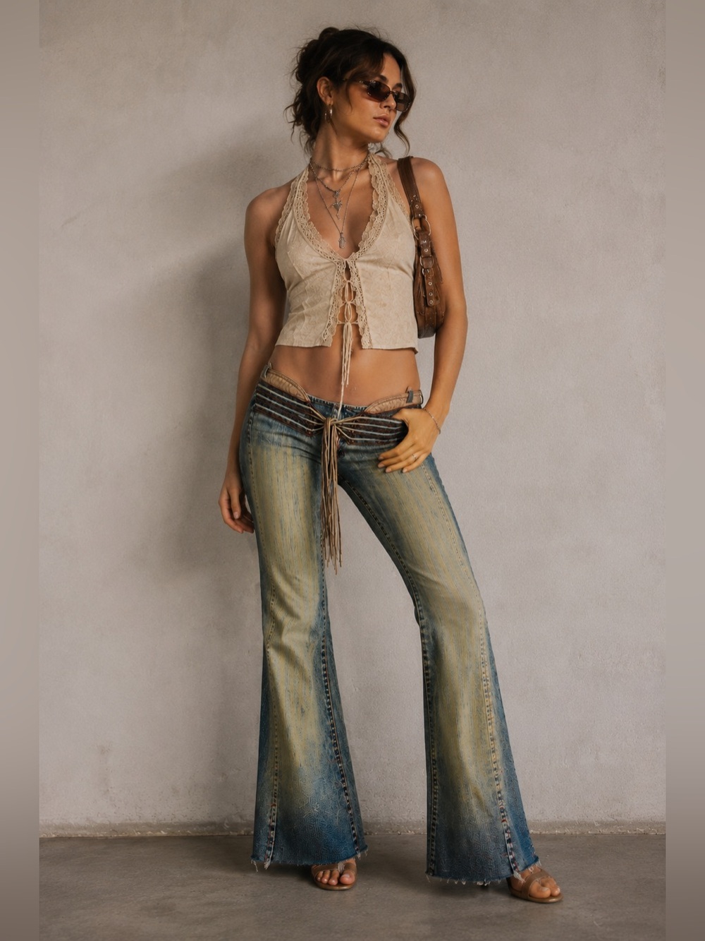 Vintage Y2K Blondie Boho Suede Lace Up Flare Jeans Sz 11